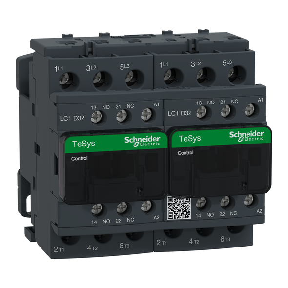 Schneider Electric LC2D32G7 TeSys Deca IEC contactor, 32 A, 3 P, 20 HP at 480 VAC, reversing, 120 VAC 50/60 Hz coil