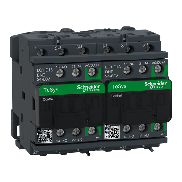 Schneider Electric LC2D18BNE TeSys Deca reversing contactor - 3P - <= 440 V - 18 A AC-3 - 24...60 V AC/DC coil