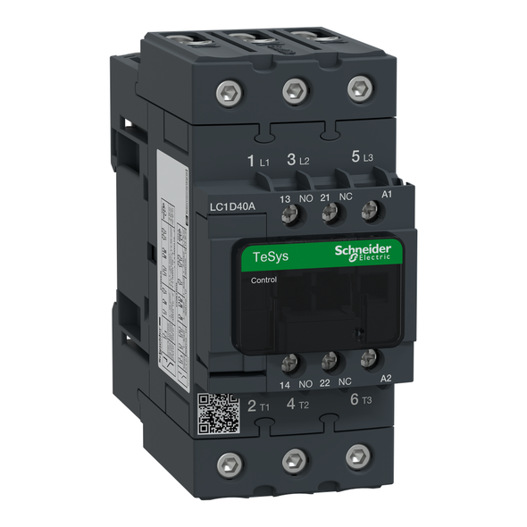 Schneider Electric LC1D40AF7 IEC contactor, TeSys Deca, nonreversing, 40A, 30HP at 480VAC, up to 100kA SCCR, 3 phase, 3 NO, 110VAC 50/60Hz coil, open