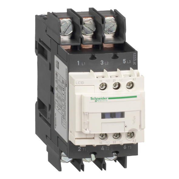 Schneider Electric LC1D40A6K7 IEC contactor, TeSys D, nonreversing, 40A, 30HP at 480VAC, 3 phase, 3 pole, 3 NO, 100VAC 50/60Hz coil, open style