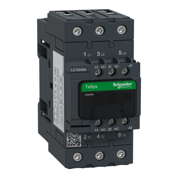 Schneider Electric LC1D40AX7 IEC contactor, TeSys D, nonreversing, 40A, 30HP at 480VAC, up to 100kA SCCR, 3 phase, 3 NO, 600VAC 50/60Hz coil, open