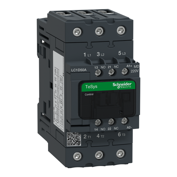 Schneider Electric LC1D50AMD IEC contactor, TeSys Deca, nonreversing, 50A, 40HP at 480VAC, up to 100kA SCCR, 3 phase, 3 NO, 220VDC coil, open style