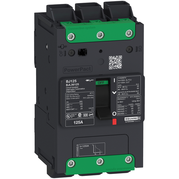 Schneider Electric BDM36060 Circuit breaker, PowerPacT B, 60A, 3 pole, 600Y/347VAC, 14kA, lugs, thermal magnetic, 80%