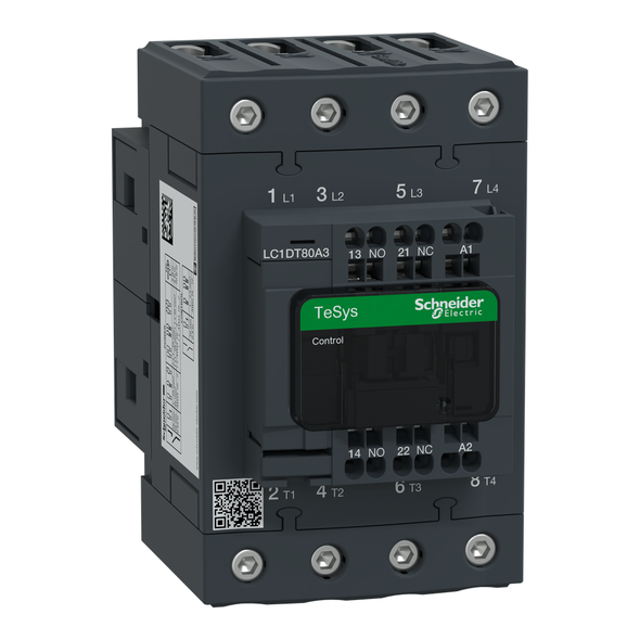 Schneider Electric LC1DT80A3E7 IEC contactor, TeSys D, nonreversing, 80A resistive, 4 pole, 4 NO, 48VAC 50/60Hz coil, open style