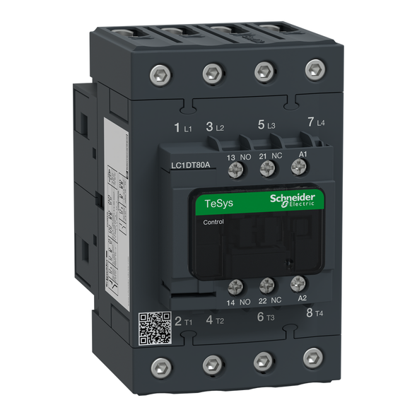 Schneider Electric LC1DT80AE7 IEC contactor, TeSys Deca, nonreversing, 80A resistive, 4 pole, 4 NO, 48VAC 50/60Hz coil, open style