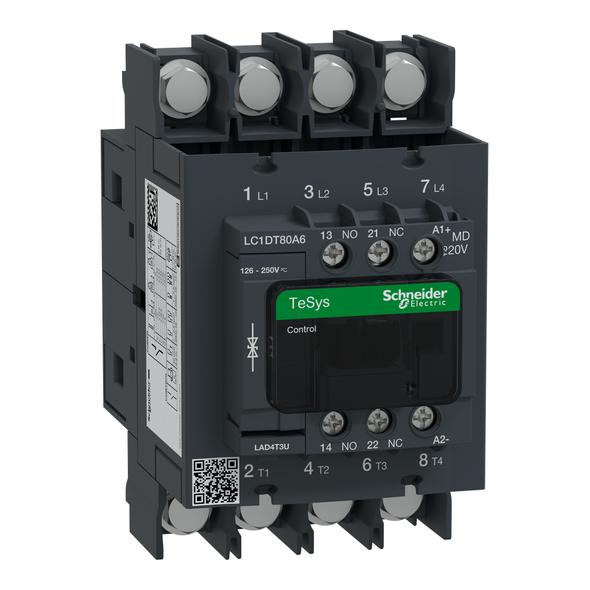 Schneider Electric LC1DT80A6MD IEC contactor, TeSys Deca, nonreversing, 80A resistive, 4 pole, 4 NO, 220VDC coil, open style