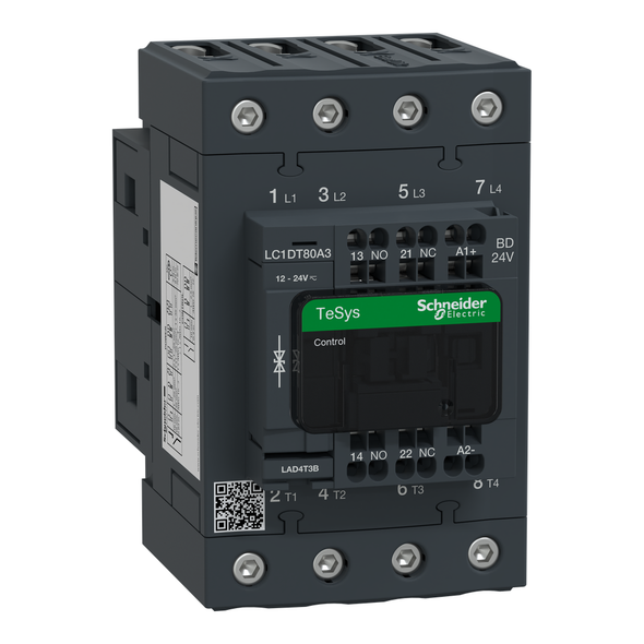 Schneider Electric LC1DT80A3BD IEC contactor, TeSys Deca, nonreversing, 80A resistive, 4 pole, 4 NO, 24VDC coil, open style