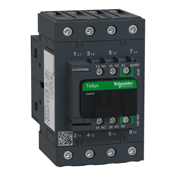 Schneider Electric LC1DT80AKUE IEC contactor, TeSys Deca Green, nonreversing, 80A resistive, 4 pole, 4 NO, 100/250VAC/VDC coil, open style