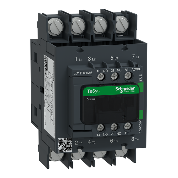 Schneider Electric LC1DT80A6KUE IEC contactor, TeSys Deca Green, nonreversing, 80A resistive, 4 pole, 4 NO, 100/250VAC/VDC coil, open style