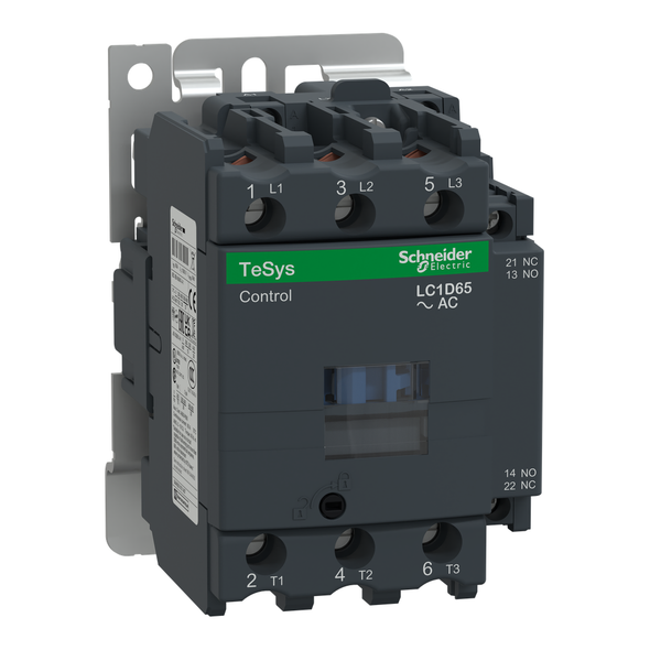 Schneider Electric LC1D65M7 IEC contactor, TeSys D, nonreversing, 65A, 40HP at 480VAC, up to 100kA SCCR, 3 phase, 3 NO, 220VAC 50/60Hz coil, open