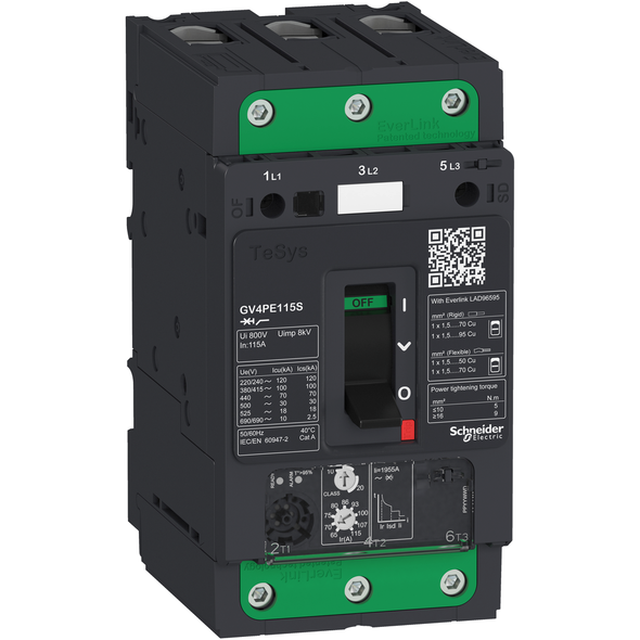 Schneider Electric GV4PE80S Motor circuit breaker, TeSys GV4, 3P, 80A, Icu 100kA, thermal magnetic, Everlink terminals