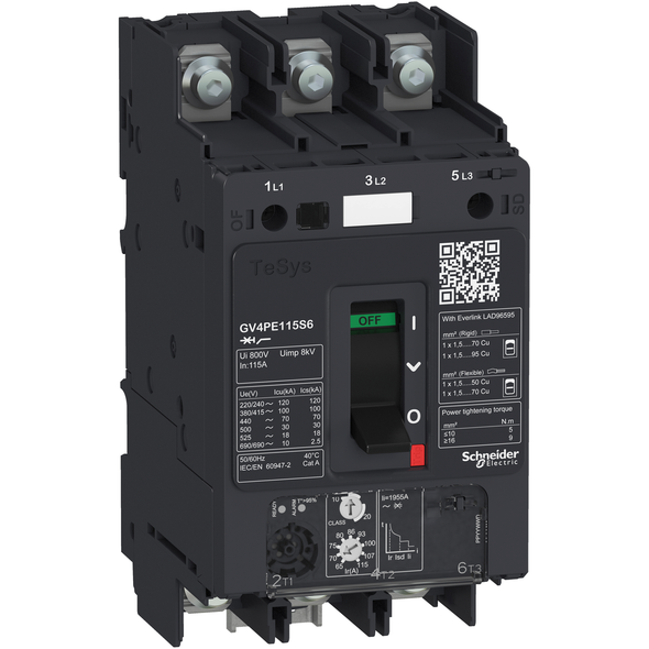 Schneider Electric GV4PE50S6 Motor circuit breaker, TeSys GV4, 3P, 50A, Icu 100kA, thermal magnetic, lugs terminals