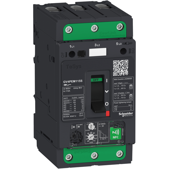 Schneider Electric GV4PEM12N Motor circuit breaker, TeSys GV4, 3P, 12.5A, Icu 50kA, thermal magnetic multifunction, Everlink terminals