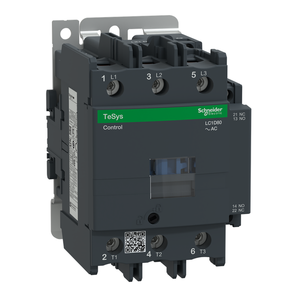 Schneider Electric LC1D80D7 IEC contactor, TeSys Deca, nonreversing, 80A, 60HP at 480VAC, up to 100kA SCCR, 3 phase, 3 NO, 42VAC 50/60Hz coil, open