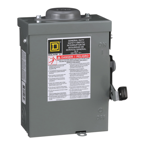 Schneider Electric DU221RBUP Safety switch, general duty, non fusible, 30A, 2 pole, 3hp, 240VAC, NEMA 3R, bolt on provision