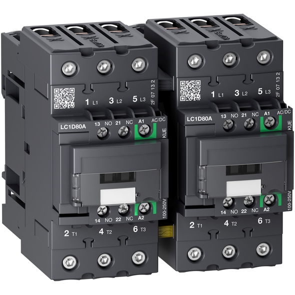 Schneider Electric LC2D80AEHE TeSys Deca reversing contactor 3P 66A AC-3/AC-3e up to 440V coil 48-130V AC/DC