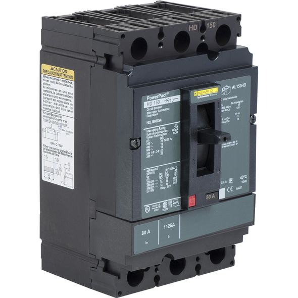 Schneider Electric HDL36100U43X Circuit breaker, PowerPacT H, 100A, 3 pole, 600VAC, 14kA, lugs, Micrologic 5.2A, 80%