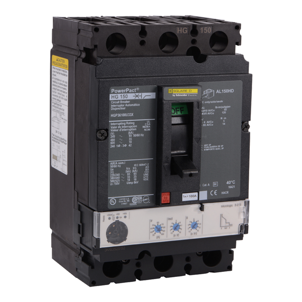 Schneider Electric HGP36150U33X Circuit breaker, PowerPacT H, 150A, 3 pole, 600VAC, 18kA, lugs, Micrologic 3.2S, 80%