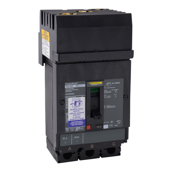 Schneider Electric HGA36060U43X Circuit breaker, PowerPacT H, 60A, 3 pole, 600VAC, 18kA, I-Line, Micrologic 5.2A, 80%, ABC