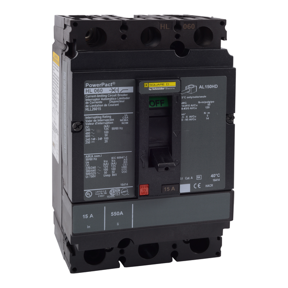 Schneider Electric HLL26025 Circuit breaker, PowerPacT H, 25A, 2 pole, 600VAC, 50kA, lugs, thermal magnetic, 80%