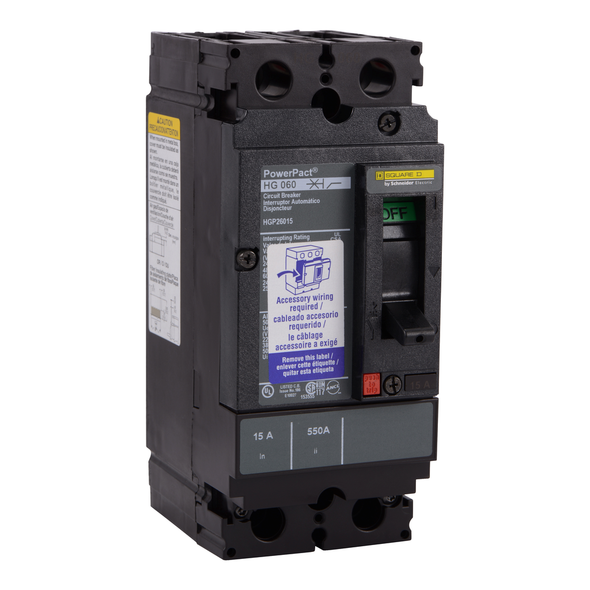 Schneider Electric HGP26015 Circuit breaker, PowerPacT H, 15A, 2 pole, 600VAC, 18kA, lugs, thermal magnetic, 80%