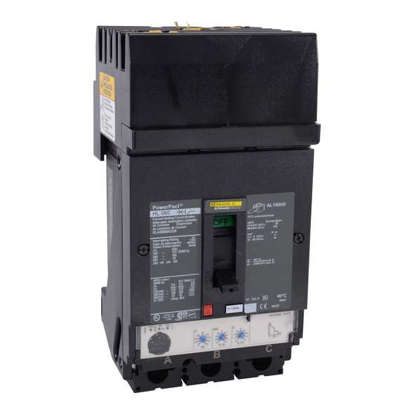 Schneider Electric HDA36060U44X Circuit breaker, PowerPacT H, 60A, 3 pole, 600VAC, 14kA, I-Line, Micrologic 6.2A, 80%, ABC