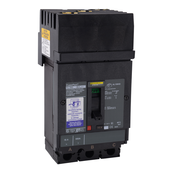 Schneider Electric HJA36150SN Circuit breaker, PowerPacT H, 150A, 3 pole, 600VAC, 25kA, I-Line, thermal magnetic, 80%, shunt, ABC