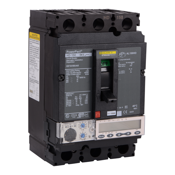 Schneider Electric HDF36100U44X Circuit breaker, PowerPacT H, 100A, 3 pole, 600VAC, 14kA, busbar, Micrologic 6.2A, 80%