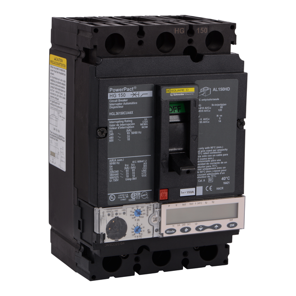 Schneider Electric HGL36150CU44X Circuit breaker, PowerPacT H, 150A, 3 pole, 600VAC, 18kA, lugs, Micrologic 6.2A, 100%