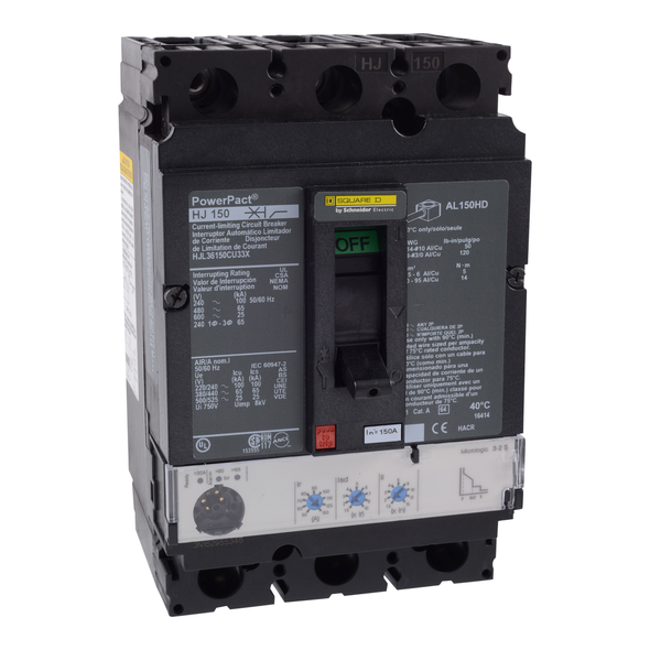 Schneider Electric HJL36150CU33X Circuit breaker, PowerPacT H, 150A, 3 pole, 600VAC, 25kA, lugs, Micrologic 3.2S, 100%