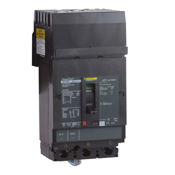 Schneider Electric HDA360406 Circuit breaker, PowerPacT H, 40A, 3 pole, 600VAC, 14kA, I-Line, thermal magnetic, 80%, CBA