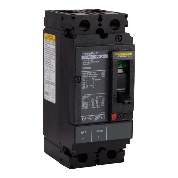 Schneider Electric HDF26090 Circuit breaker, PowerPacT H, 90A, 2 pole, 600VAC, 14kA, busbar, thermal magnetic, 80%