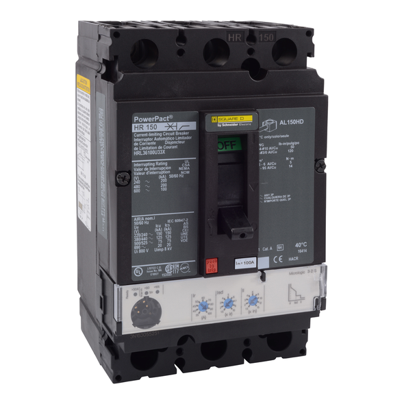 Schneider Electric HRL36100U33X Circuit breaker, PowerPacT H, 100A, 3 pole, 600VAC, 100kA, lugs, Micrologic 3.2S, 80%