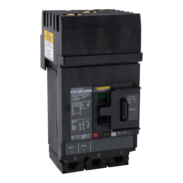 Schneider Electric HJA36070YP Circuit breaker, PowerPacT H, 70A, 3 pole, 600VAC, 25kA, I-Line, thermal magnetic, 80%, padlock handle, ABC