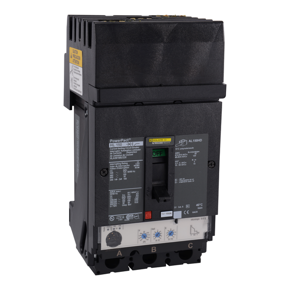 Schneider Electric HLA36150U44X Circuit breaker, PowerPacT H, 150A, 3 pole, 600VAC, 50kA, I-Line, Micrologic 6.2A, 80%, ABC