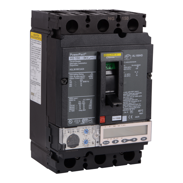 Schneider Electric HGL36100U53X Circuit breaker, PowerPacT H, 100A, 3 pole, 600VAC, 18kA, lugs, Micrologic 5.2E, 80%