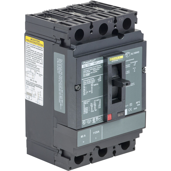 Schneider Electric HJL36080C Circuit breaker, PowerPacT H, 80A, 3 pole, 600VAC, 25kA, lugs, thermal magnetic, 100%