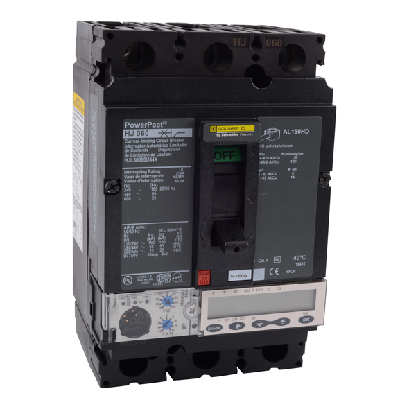 Schneider Electric HJL36060U44X Circuit breaker, PowerPacT H, 60A, 3 pole, 600VAC, 25kA, lugs, Micrologic 6.2A, 80%