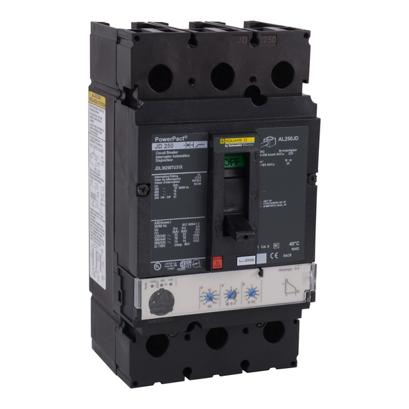 Schneider Electric JDL36250TU31X Circuit breaker, PowerPacT J, 250A, 3 pole, 600VAC, 14kA, lugs, Micrologic 3.2, 80%