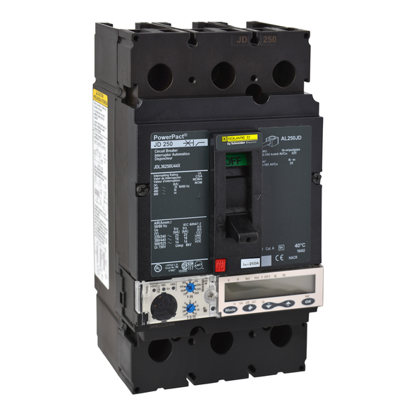 Schneider Electric JDL36250U44X Circuit breaker, PowerPacT J, 250A, 3 pole, 600VAC, 14kA, lugs, Micrologic 6.2A, 80%