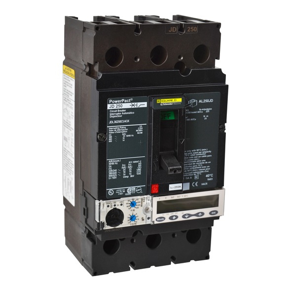 Schneider Electric JLL36250CU43X Circuit breaker, PowerPacT J, 250A, 3 pole, 600VAC, 50kA, lugs, Micrologic 5.2A, 100%