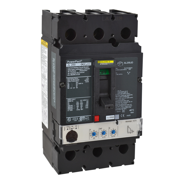 Schneider Electric JLL36250U33X Circuit breaker, PowerPacT J, 250A, 3 pole, 600VAC, 50kA, lugs, Micrologic 3.2S, 80%