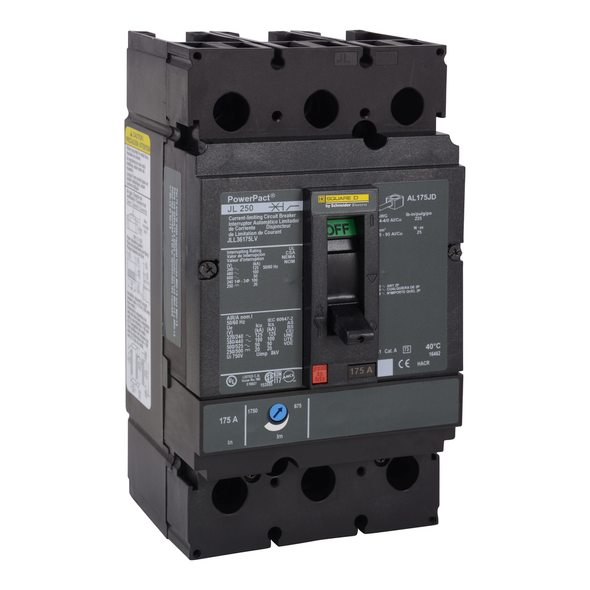 Schneider Electric JLL36175LV Circuit breaker, PowerPacT J, 175A, 3 pole, 600VAC, 50kA, lugs, thermal magnetic, 80%, control wire OFF end