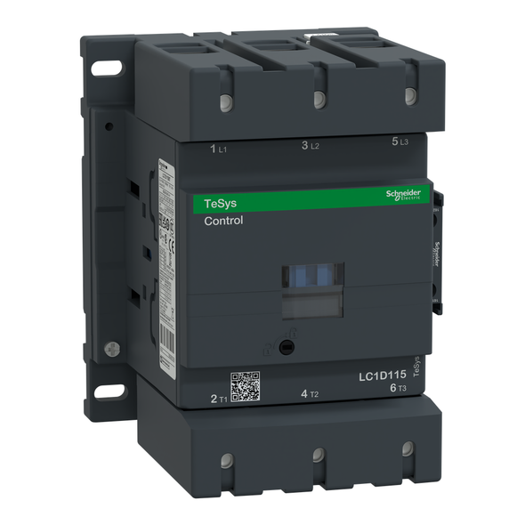 Schneider Electric LC1D115G7 IEC contactor, TeSys Deca, nonreversing, 115A, 75HP at 480VAC, up to 100kA SCCR, 3 phase, 3 NO, 120VAC 50/60Hz coil, open