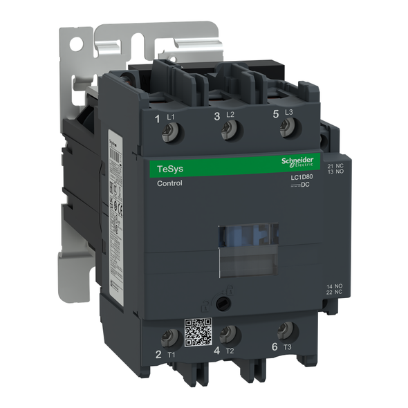 Schneider Electric LC1D80ED IEC contactor, TeSys Deca, nonreversing, 80A, 60HP at 480VAC, up to 100kA SCCR, 3 phase, 3 NO, 48VDC coil, open style