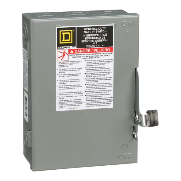 Schneider Electric D211N Safety switch, general duty, fusible, 30A, 2 pole, 3hp, 120VAC, NEMA 1, neutral factory installed