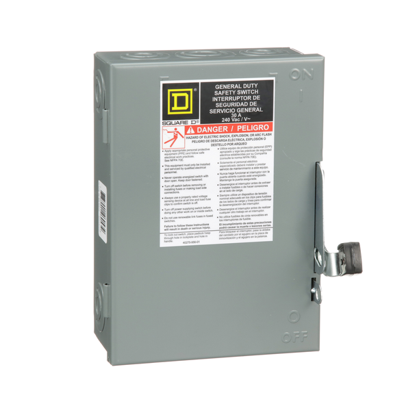 Schneider Electric D221N Safety switch, general duty, fusible, 30A, 2 pole, 7.5hp, 240VAC, NEMA 1, neutral factory installed