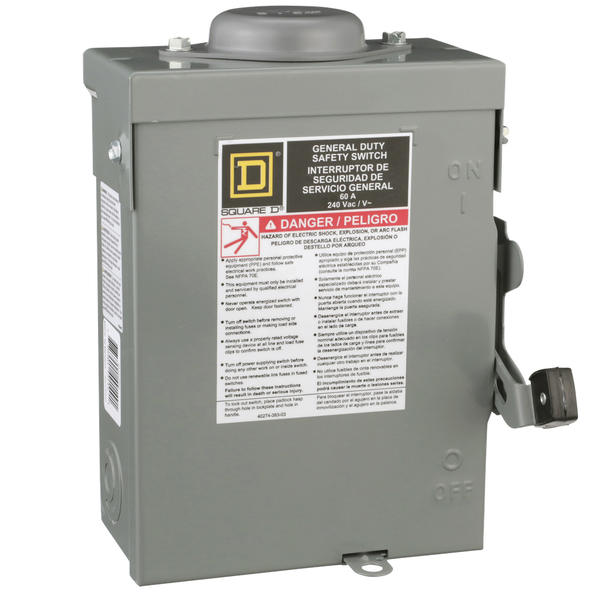 Schneider Electric DU222RB Safety switch, general duty, non fusible, 60A, 2 pole, 10hp, 240VAC, NEMA 3R, bolt on provision