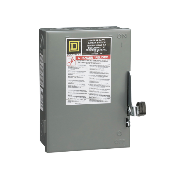 Schneider Electric D321N Safety switch, general duty, fusible, 30A, 3 pole, 7.5hp, 240VAC, NEMA 1, neutral factory installed