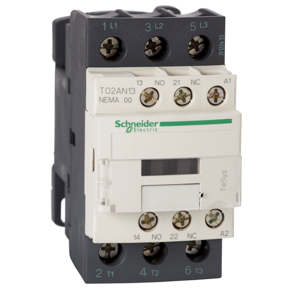 Schneider Electric T02AN13BD NEMA Contactor, TeSys N, nonreversing, Size 00, 9A, 2HP at 460VAC, 3 pole, 3 phase, 24VDC coil, open